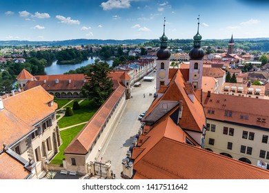 Telc city with historical buildings, church and a tower. Unesco world heritage site, South Moravia, Czech republic. View from tower.