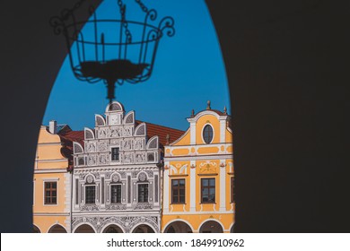 Telc, colored Renaissance and Baroque houses with high gables and arcades. Town square. Czech Republic