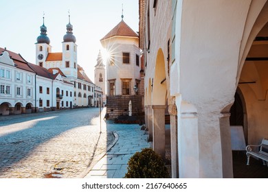 Telc, historic town in southwestern Moravia in the Jihlava district in the Vysocina region. Summer sunset. Czech Republic - Shutterstock ID 2167640665