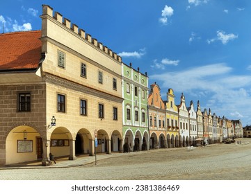 Telc, in local Telč town square with renaissance and baroque colorful houses, UNESCO town in Czech 