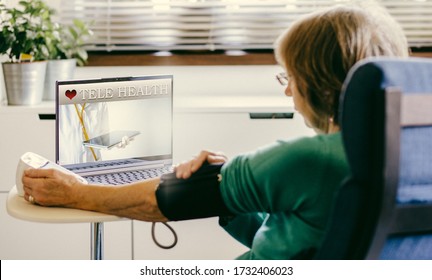 Tele Health Concept Senior Woman With Laptop Taking Her Blood Pressure