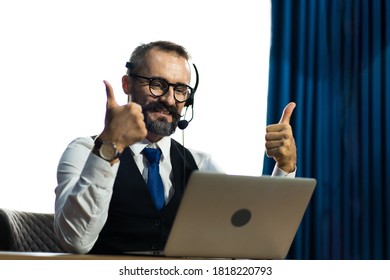 Tele Marketing Sale Support Operator With Hands-free Headset Working In The Office. Customer Service. Online Learning And Video Conference Concept