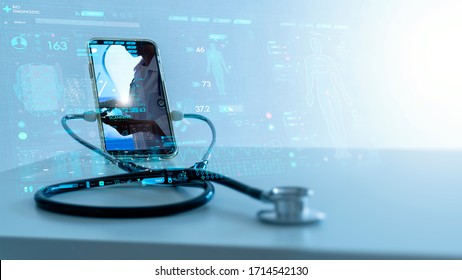 Tele medicine concept,Medical Doctor online communicating the patient on VR medical interface with Internet consultation technology