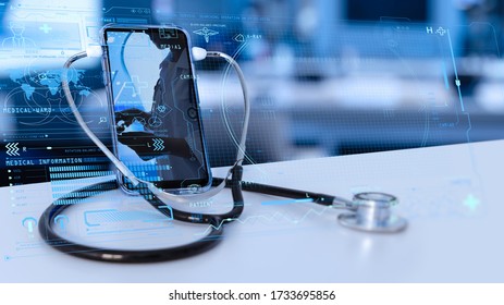 Tele Medicine Concept,Medical Doctor Online Communicating The Patient On VR Medical Interface With Internet Consultation Technology