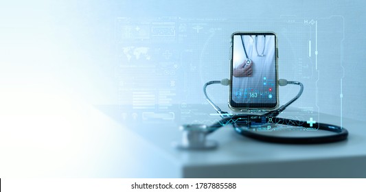 Tele medicine concept,Medical Doctor online communicating the patient on VR medical interface with Internet consultation technology - Shutterstock ID 1787885588