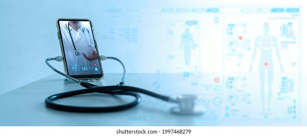 Tele medicine concept,Medical Doctor online communicating the patient on VR medical interface with Internet consultation technology - Shutterstock ID 1997468279