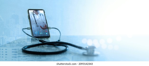 Tele medicine concept,Medical Doctor online communicating the patient on VR medical interface with Internet consultation technology on cty background. - Shutterstock ID 2093142343