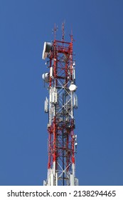 Telecom Base Station In Poland. Cell Tower Sector Antennas. Mobile 5G Transmitter Equipment.