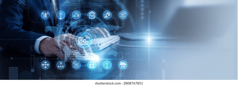 Telecom engineer optimizing mobile data speeds Using Computer deploying 5G Technology connections across the Global network communication infrastructure. Ultra fast wireless data links.