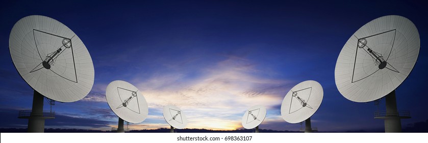 Telecom Satellite Array And Sunset Panoramic Background