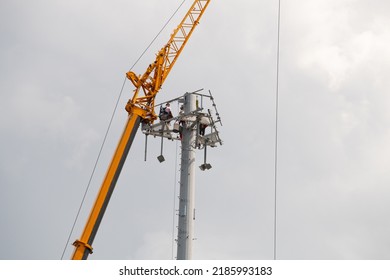 Telecom tower install communication equipment for sent signal to the city, satellite dish telecom network in the city antenna telephone mobile satellite