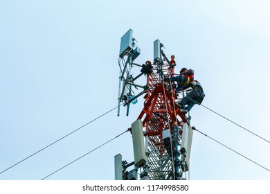 Telecom Worker Climbing Antenna Tower 