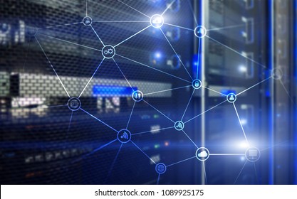 Telecommunication concept with abstract network structure and server room background. 