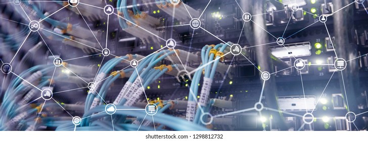 Telecommunication concept with abstract network structure and server room background.