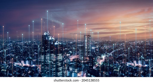 Telecommunication Connections Above Smart City. Futuristic Cityscape Concept For Internet Of Things (IoT), Fintech, Blockchain, 5G LTE Network, Wifi Hotspot Access, Cyber Security, Digital Technology