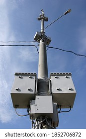 Telecommunication equipment on lightpole. 5G mobile cell