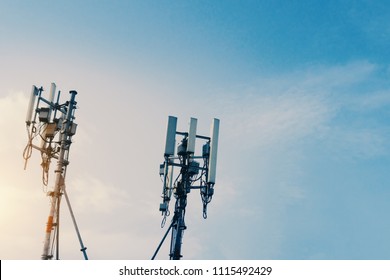 Telecommunication GSM (5G,4G) tower with copy space.Digital wireless connection system.Cellular telephone network.Development of communication systems in urban areas.Antenna. - Shutterstock ID 1115492429