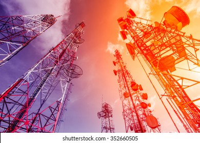 Telecommunication mast TV antennas wireless technology with blue - Shutterstock ID 352660505