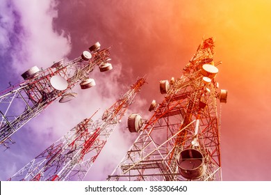 Telecommunication mast TV antennas wireless technology with blue - Shutterstock ID 358306460