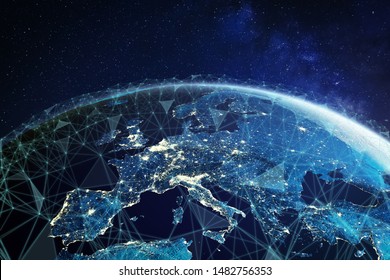Telecommunication network above Europe viewed from space with connected system for European 5g LTE mobile web, global WiFi connection, Internet of Things (IoT) technology or blockchain fintech, 3d 8k - Shutterstock ID 1482756353