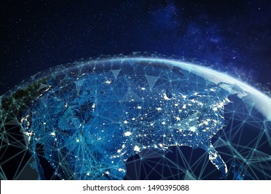 Telecommunication Network Above North America And United States Viewed From Space For American 5g LTE Mobile Web, Global WiFi Connection, Internet Of Things (IoT) Technology Or Blockchain Fintech