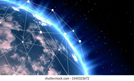 Telecommunication Network Above North America And United States Viewed From Space For American 5g LTE Mobile Web, Global WiFi Connection, Internet Of Things (IoT) Technology Or Blockchain Fintech