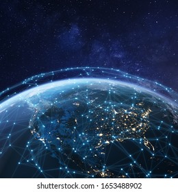 Telecommunication network above North America from space by night with city lights in USA, Canada and Mexico, satellite orbiting Planet Earth for Internet of Things IoT and blockchain technology
