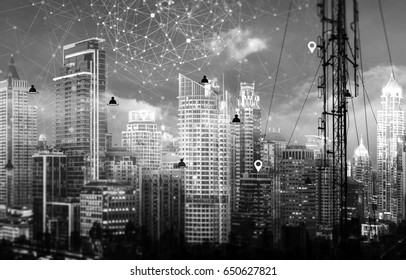 Telecommunication post with connection line icon over city in monochrome tine. Connection technology concept.