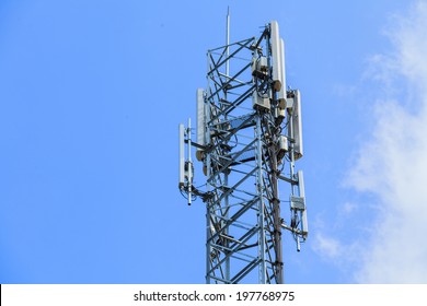 Telecommunication Radio Antenna And Satelite Tower With Blue Sky