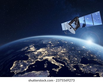 Telecommunication satellite providing global internet network and high speed data communication above Europe. Satellite in space, low Earth orbit. Worldwide communication technology.