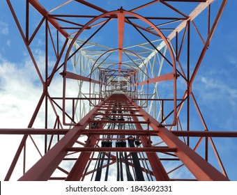 Telecommunication Service Provider Tower In Anambas Islands Regency. Taken With The Lowest Angel, Parallel And Symmetrical Facing Straight Towards The Sky