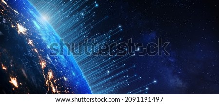 Telecommunication technology with connections around Earth viewed from space. Internet, IoT, cyberspace, global business, innovation, big data science, digital finance, blockchain. Elements from NASA