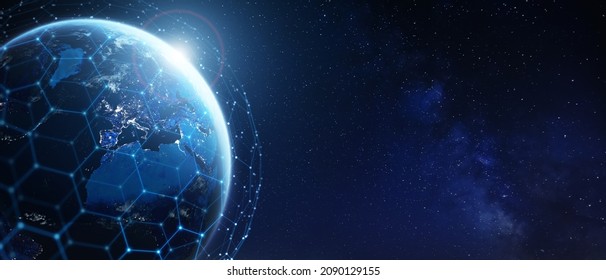 Telecommunication technology network around Earth for internet, 5G cellular data connection, blockchain, IoT, world finance or smart cities. Global satellite communications, space. Elements from NASA - Shutterstock ID 2090129155