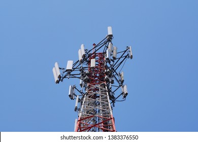 Telecommunication tower of 4G and 5G cellular. Cell Site Base Station. Wireless Communication Antenna Transmitter. Telecommunication tower with antennas   against blue sky.