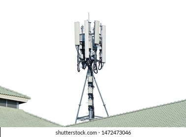 Telecommunication tower of 4G and 5G cellular. Cell Site Base Station. Wireless Communication Antenna Transmitter. Telecommunication tower with antennas on rooftop, white background.