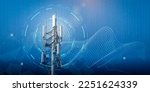 Telecommunication tower with 4G, 5G transmitters. Cellular base station with transmitting antennas on a telecommunication tower on a technological background with abstract waves