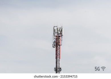 Telecommunication Tower With 4G, 5G Transmitters. Concept Of Radio Emission And Harm To Health