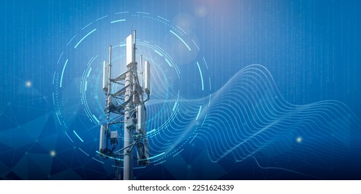 Telecommunication tower with 4G, 5G transmitters. Cellular base station with transmitting antennas on a telecommunication tower on a technological background with abstract waves - Shutterstock ID 2251624339