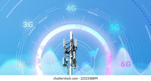 Telecommunication tower with 4G, 5G transmitters. Cellular base station with transmitting antennas on tower on technological background with abstract scales and indication of transmission speed - Powered by Shutterstock - Get 15% off with code: PIKWIZARD15