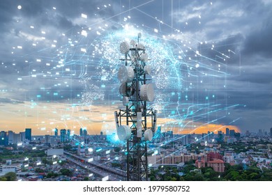 Telecommunication tower with 5G cellular network antenna on city background, Global connection and internet network concept