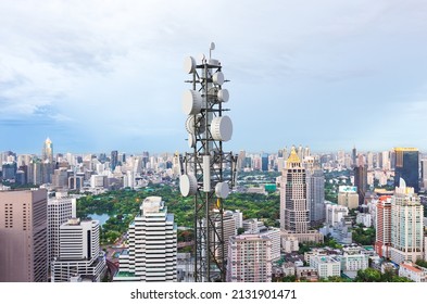 Telecommunication Tower With 5G Cellular Network Antenna On City Background
