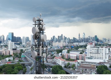 Telecommunication Tower With 5G Cellular Network Antenna On City Background