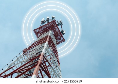 Telecommunication tower with 5G cellular network antenna on blue sky background, Global connection and internet network concept