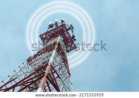 Telecommunication tower with 5G cellular network antenna on blue sky background, Global connection and internet network concept