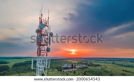Telecommunication tower of 5G technology at sunset. Base Station or Transceiver Station telecom. Wireless Antenna connection system of communication