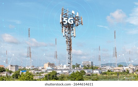 Telecommunication tower against blue sky with digital wireless network and futuristic technology interface for 5G, internet, and global data connection concept. communication network. 