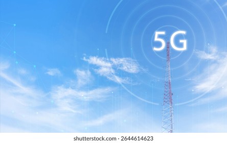 Telecommunication tower against blue sky with digital wireless network and futuristic technology interface for 5G, internet, and global data connection concept. communication network. 