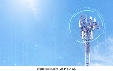 Telecommunication tower against blue sky with digital wireless network and futuristic technology interface for 5G, internet, and global data connection concept. communication network. 