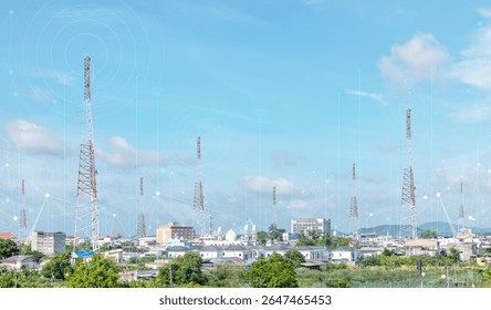Telecommunication tower against blue sky with digital wireless network and futuristic technology interface for 5G, internet, and global data connection concept. communication network. 