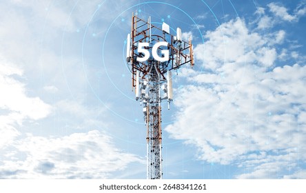 Telecommunication tower against blue sky with digital wireless network and futuristic technology interface for 5G, internet, and global data connection concept. communication network. 
